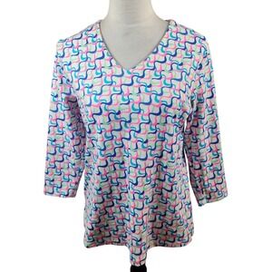 Lulu B Womens Medium V‎ Neck Long Sleeve Top Colorful Swirl Print Stretch Blouse